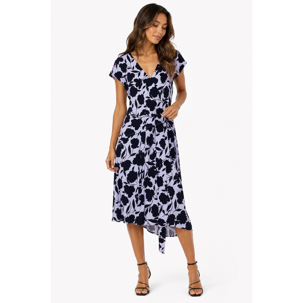 Ann Taylor Wrap Dress Women 18 Lavender Navy Blu Floral Short Sleeve Knee Length